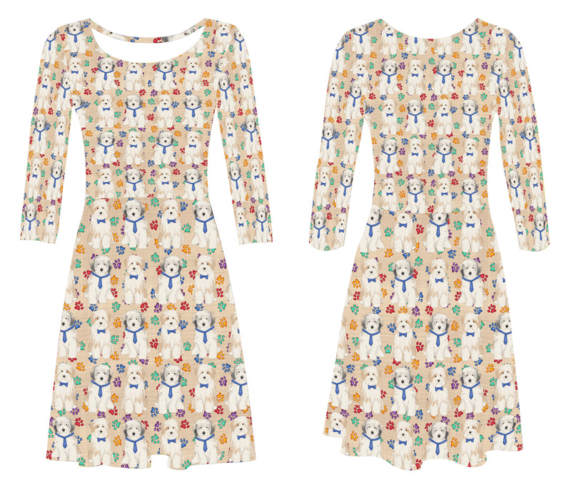 Rainbow Paw Print Tibetan Terrier Dogs Blue 3/4 Sleeve Sundress