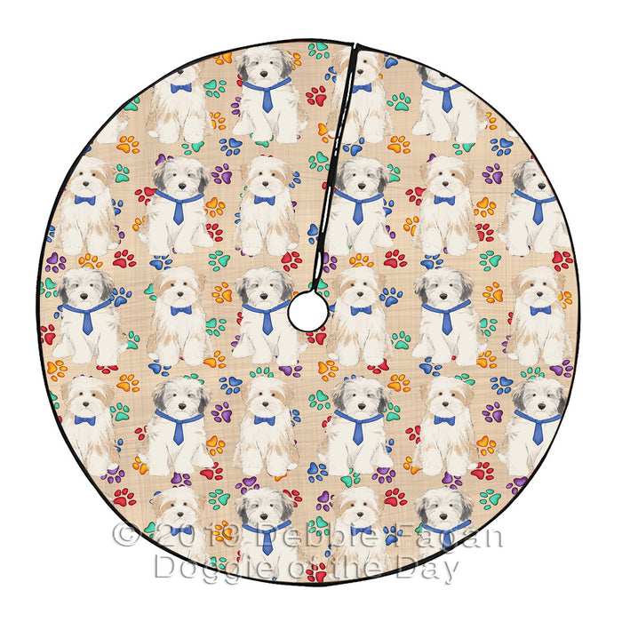 Rainbow Paw Print Tibetan Terrier Dogs Blue Christmas Tree Skirt