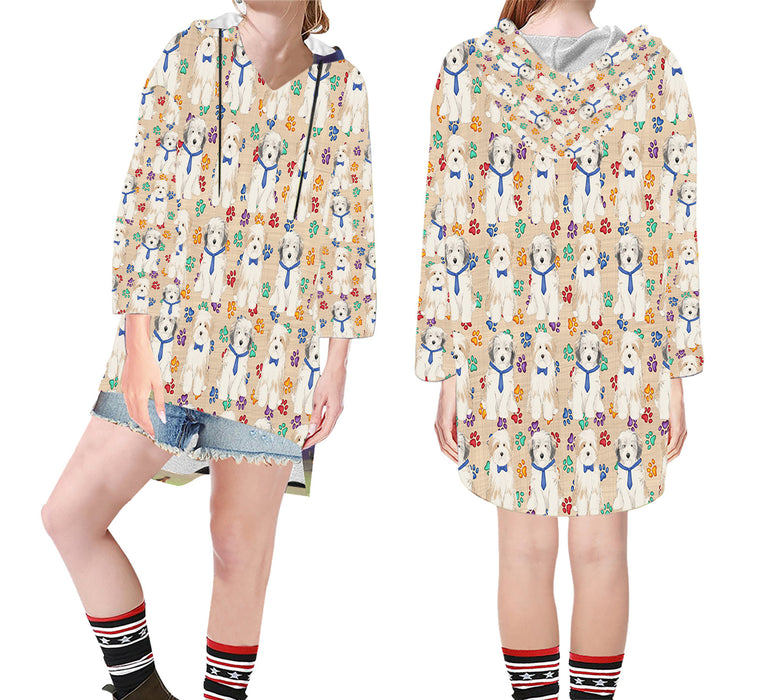 Rainbow Paw Print Tibetan Terrier Dogs Blue Step Hem Women's Hoodie