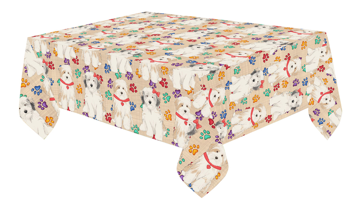 Rainbow Paw Print Tibetan Terrier Dogs Red Cotton Linen Tablecloth