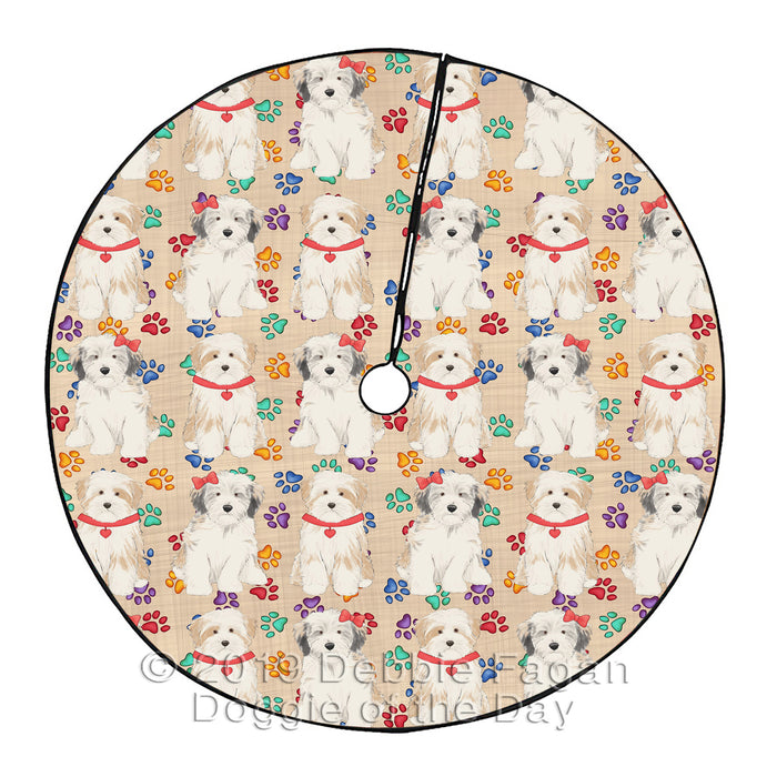 Rainbow Paw Print Tibetan Terrier Dogs Red Christmas Tree Skirt