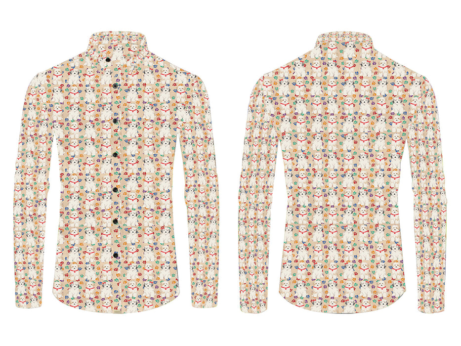 Rainbow Paw Print Tibetan Terrier Dogs Red All Over Print Casual Dress Men's Shirt
