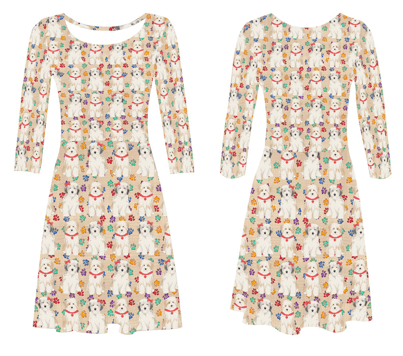 Rainbow Paw Print Tibetan Terrier Dogs Red 3/4 Sleeve Sundress