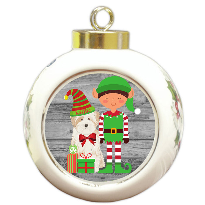 Custom Personalized Tibetan Terrier Dog Elfie and Presents Christmas Round Ball Ornament