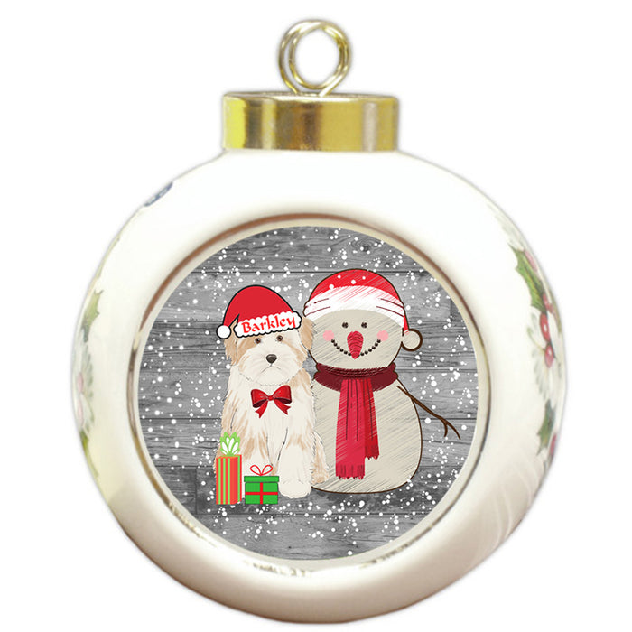 Custom Personalized Snowy Snowman and Tibetan Terrier Dog Christmas Round Ball Ornament