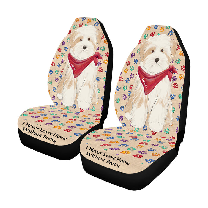 Personalized I Never Leave Home Paw Print Tibetan Terrier Dogs Pet Front Car Seat Cover (Set of 2)