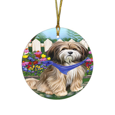 Spring Floral Tibetan Terrier Dog Round Flat Christmas Ornament RFPOR52166