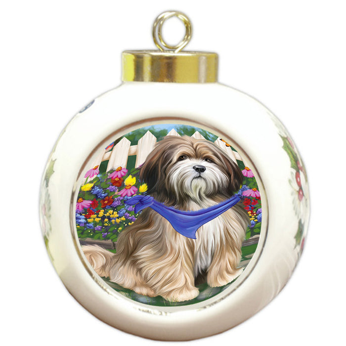Spring Floral Tibetan Terrier Dog Round Ball Christmas Ornament RBPOR52175