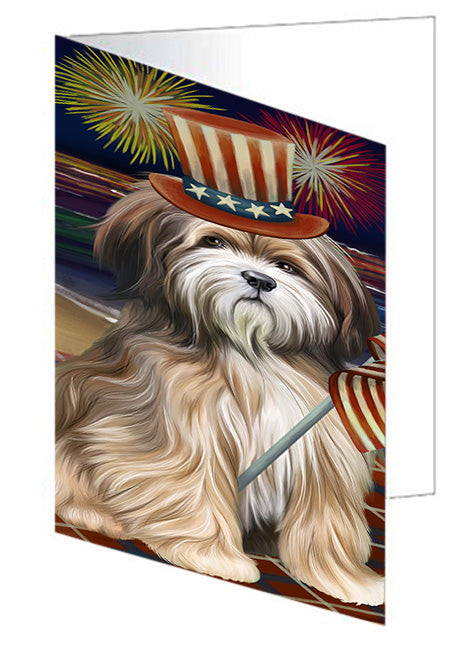 4th of July Independence Day Firework Tibetan Terrier Dog Handmade Artwork Assorted Pets Greeting Cards and Note Cards with Envelopes for All Occasions and Holiday Seasons GCD52883