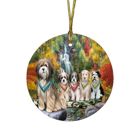 Scenic Waterfall Tibetan Terriers Dog Round Flat Christmas Ornament RFPOR49549