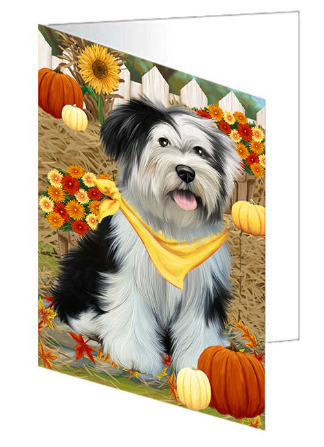 Fall Autumn Greeting Tibetan Terrier Dog with Pumpkins Handmade Artwork Assorted Pets Greeting Cards and Note Cards with Envelopes for All Occasions and Holiday Seasons GCD56660