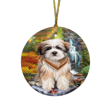 Scenic Waterfall Tibetan Terrier Dog Round Flat Christmas Ornament RFPOR49550