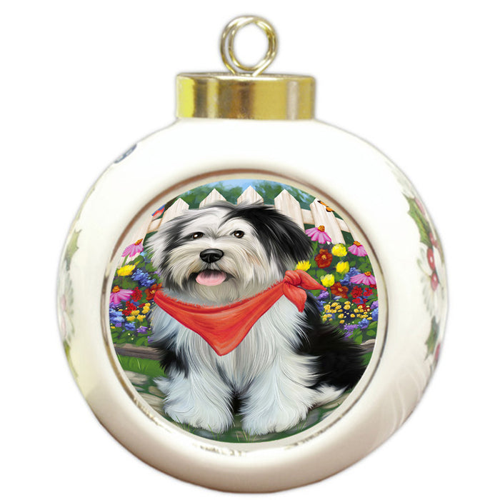 Spring Floral Tibetan Terrier Dog Round Ball Christmas Ornament RBPOR52176