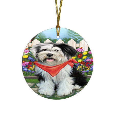 Spring Floral Tibetan Terrier Dog Round Flat Christmas Ornament RFPOR52167