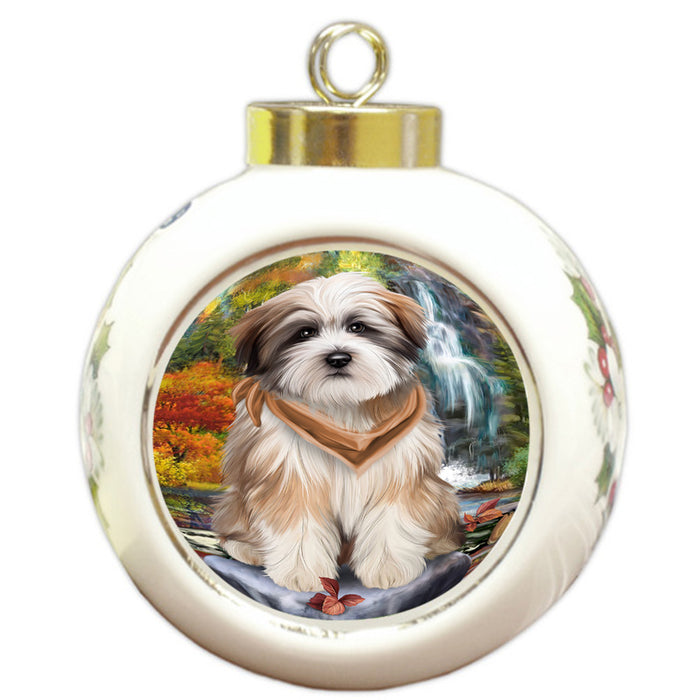 Scenic Waterfall Tibetan Terrier Dog Round Ball Christmas Ornament RBPOR49559