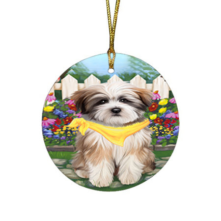 Spring Floral Tibetan Terrier Dog Round Flat Christmas Ornament RFPOR52168