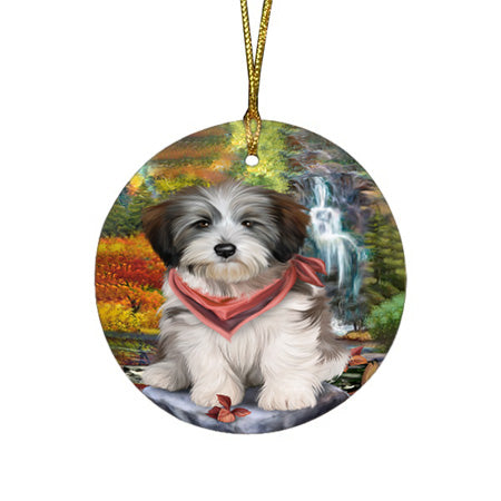 Scenic Waterfall Tibetan Terrier Dog Round Flat Christmas Ornament RFPOR49551
