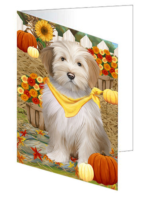 Fall Autumn Greeting Tibetan Terrier Dog with Pumpkins Handmade Artwork Assorted Pets Greeting Cards and Note Cards with Envelopes for All Occasions and Holiday Seasons GCD56663