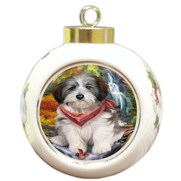 Scenic Waterfall Tibetan Terrier Dog Round Ball Christmas Ornament RBPOR49560