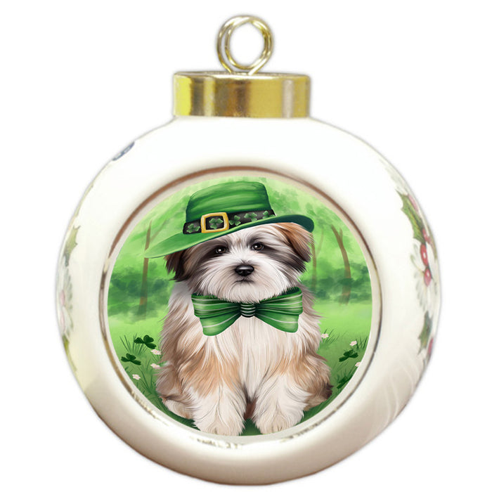 St. Patricks Day Irish Portrait Tibetan Terrier Dog Round Ball Christmas Ornament RBPOR49415