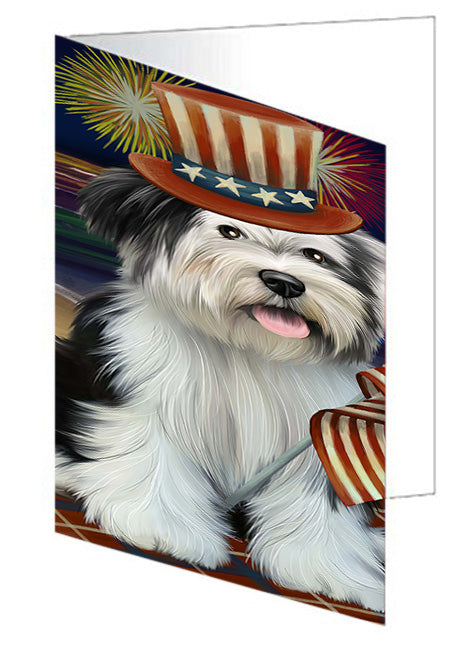 4th of July Independence Day Firework Tibetan Terrier Dog Handmade Artwork Assorted Pets Greeting Cards and Note Cards with Envelopes for All Occasions and Holiday Seasons GCD52889