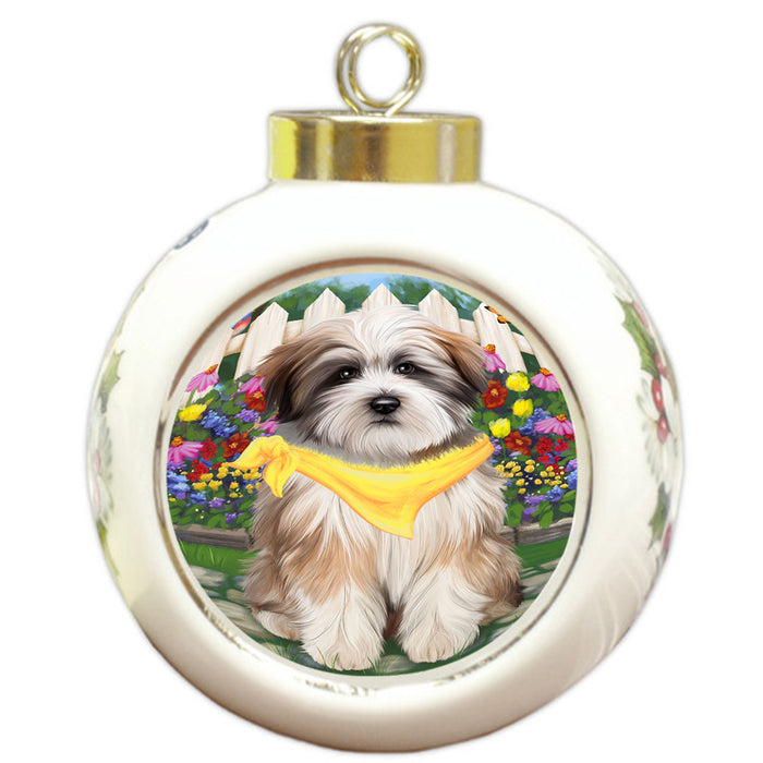 Spring Floral Tibetan Terrier Dog Round Ball Christmas Ornament RBPOR52177