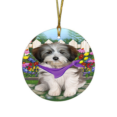 Spring Floral Tibetan Terrier Dog Round Flat Christmas Ornament RFPOR52169