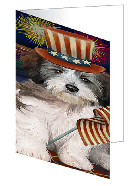 4th of July Independence Day Firework Tibetan Terrier Dog Handmade Artwork Assorted Pets Greeting Cards and Note Cards with Envelopes for All Occasions and Holiday Seasons GCD52892