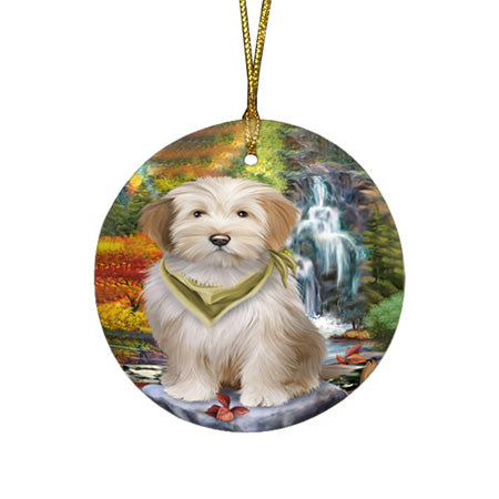 Scenic Waterfall Tibetan Terrier Dog Round Flat Christmas Ornament RFPOR49552