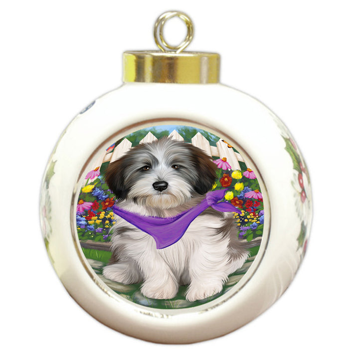 Spring Floral Tibetan Terrier Dog Round Ball Christmas Ornament RBPOR52178