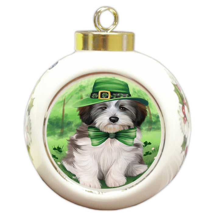 St. Patricks Day Irish Portrait Tibetan Terrier Dog Round Ball Christmas Ornament RBPOR49416