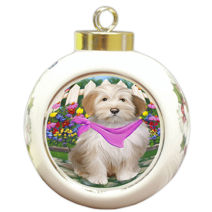 Spring Floral Tibetan Terrier Dog Round Ball Christmas Ornament RBPOR52179
