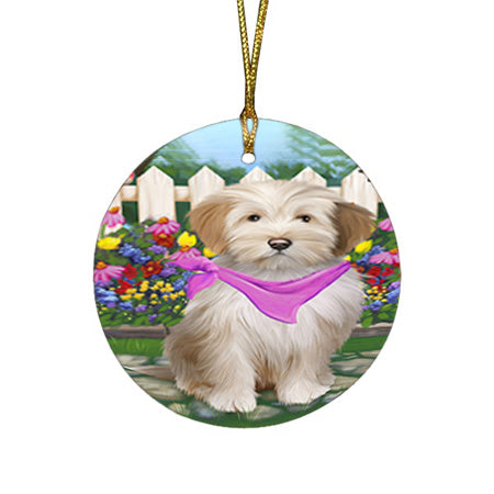 Spring Floral Tibetan Terrier Dog Round Flat Christmas Ornament RFPOR52170