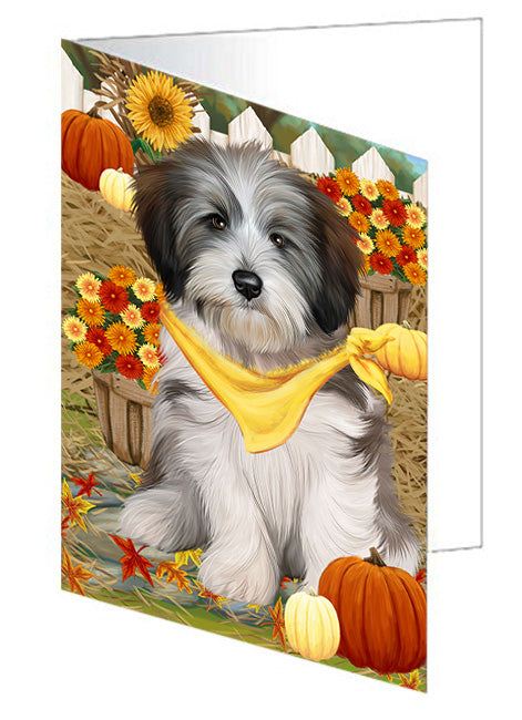Fall Autumn Greeting Tibetan Terrier Dog with Pumpkins Handmade Artwork Assorted Pets Greeting Cards and Note Cards with Envelopes for All Occasions and Holiday Seasons GCD56669