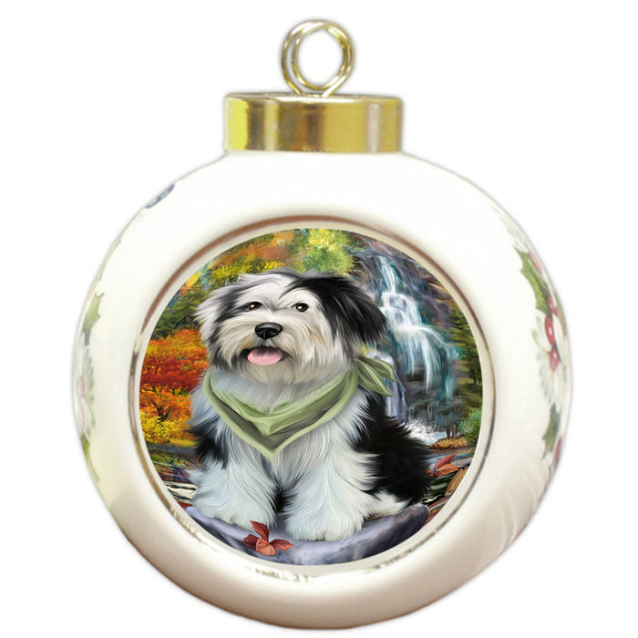 Scenic Waterfall Tibetan Terrier Dog Round Ball Christmas Ornament RBPOR49562