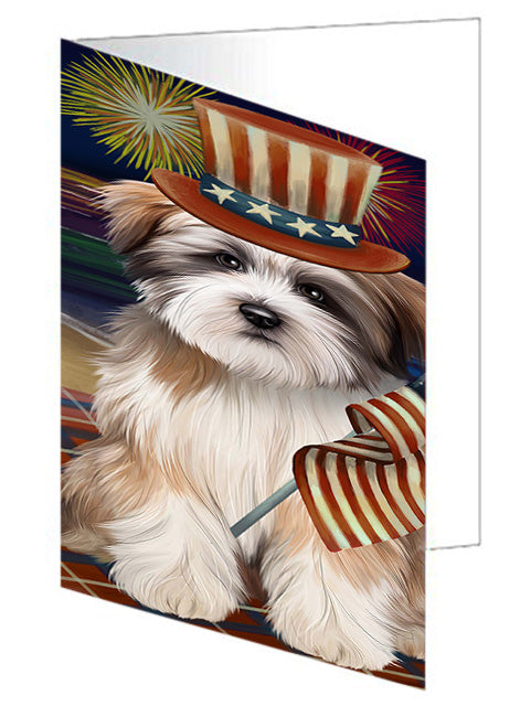 4th of July Independence Day Firework Tibetan Terrier Dog Handmade Artwork Assorted Pets Greeting Cards and Note Cards with Envelopes for All Occasions and Holiday Seasons GCD52895