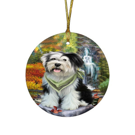 Scenic Waterfall Tibetan Terrier Dog Round Flat Christmas Ornament RFPOR49553