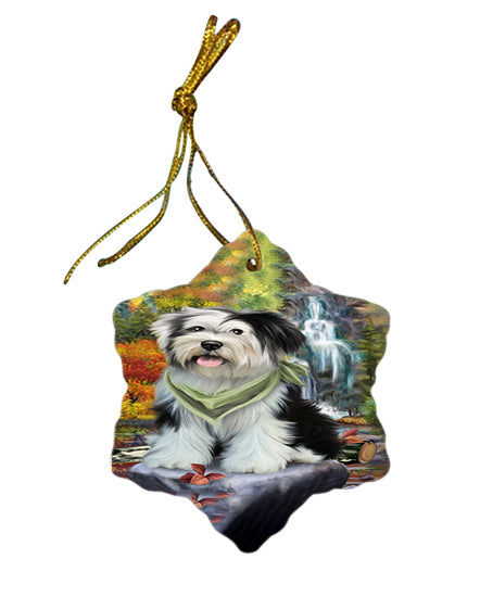 Scenic Waterfall Tibetan Terrier Dog Star Porcelain Ornament SPOR49554