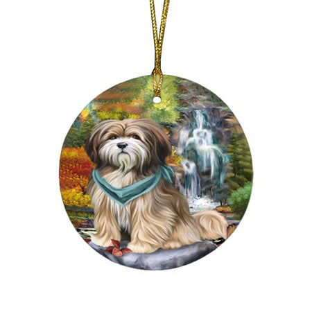 Scenic Waterfall Tibetan Terrier Dog Round Flat Christmas Ornament RFPOR49554