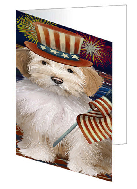4th of July Independence Day Firework Tibetan Terrier Dog Handmade Artwork Assorted Pets Greeting Cards and Note Cards with Envelopes for All Occasions and Holiday Seasons GCD52898