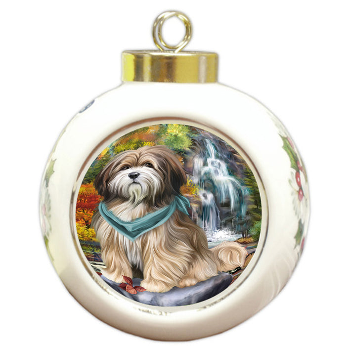 Scenic Waterfall Tibetan Terrier Dog Round Ball Christmas Ornament RBPOR49563