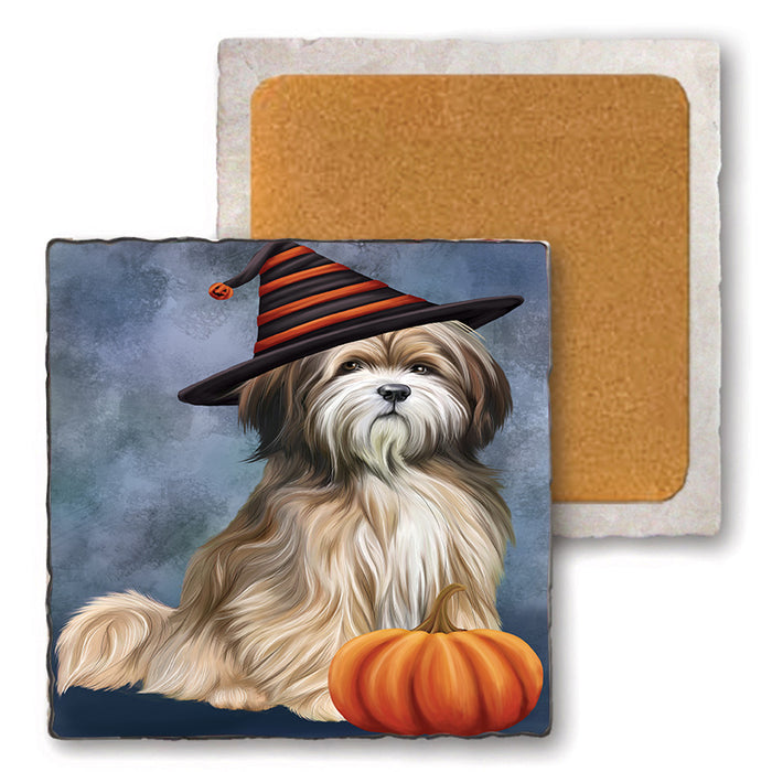 Happy Halloween Tibetan Terrier Dog Wearing Witch Hat with Pumpkin Set of 4 Natural Stone Marble Tile Coasters MCST49746