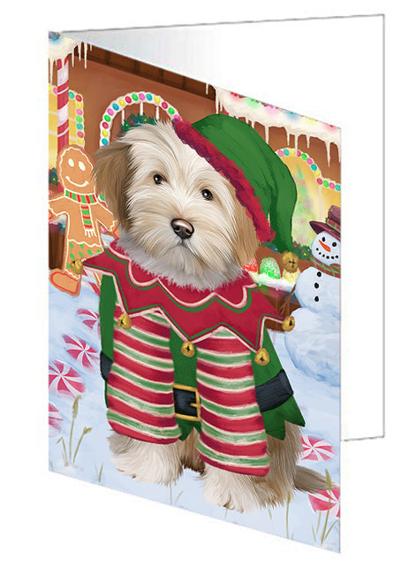Christmas Gingerbread House Candyfest Tibetan Terrier Dog Handmade Artwork Assorted Pets Greeting Cards and Note Cards with Envelopes for All Occasions and Holiday Seasons GCD74231