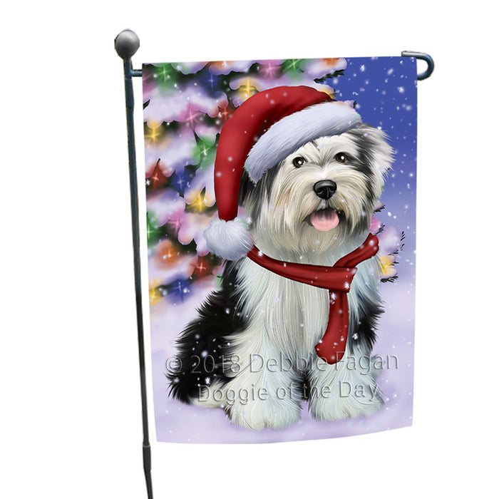 Winterland Wonderland Tibetan Terrier Dog In Christmas Holiday Scenic Background  Garden Flag GFLG53488