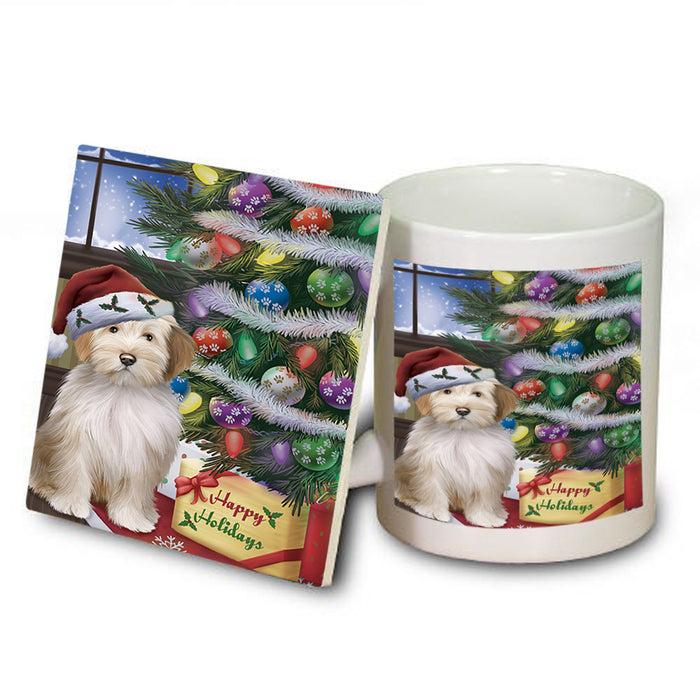 Christmas Happy Holidays Tibetan Terrier Dog with Tree and Presents Mug and Coaster Set MUC53857