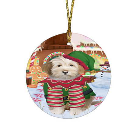 Christmas Gingerbread House Candyfest Tibetan Terrier Dog Round Flat Christmas Ornament RFPOR56928