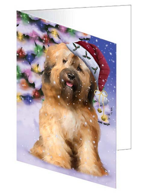 Winterland Wonderland Tibetan Terrier Dog In Christmas Holiday Scenic Background Handmade Artwork Assorted Pets Greeting Cards and Note Cards with Envelopes for All Occasions and Holiday Seasons GCD71735