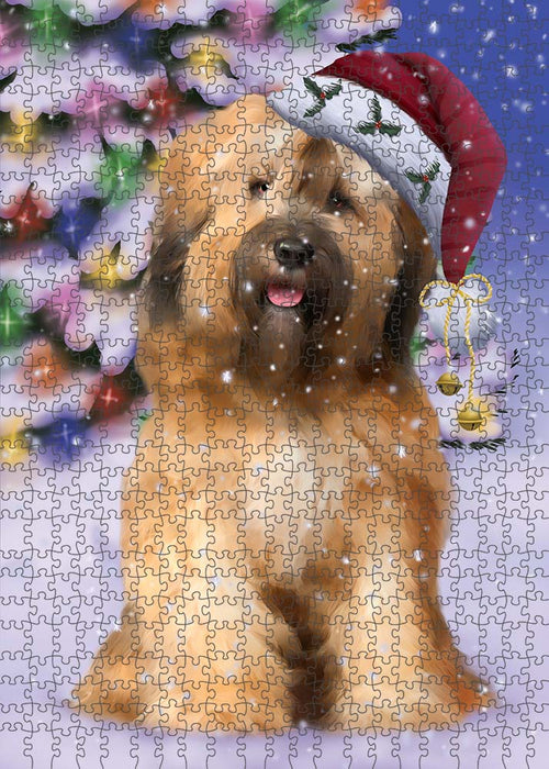 Winterland Wonderland Tibetan Terrier Dog In Christmas Holiday Scenic Background Puzzle with Photo Tin PUZL91164