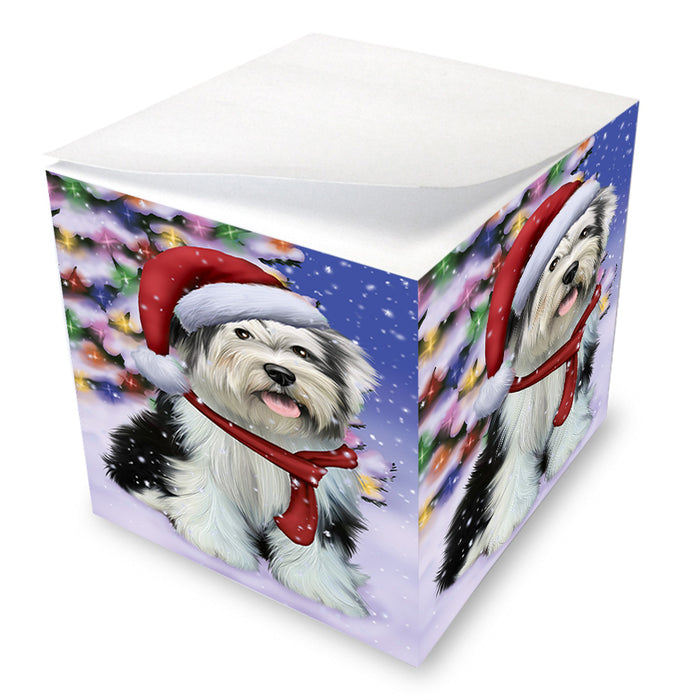 Winterland Wonderland Tibetan Terrier Dog In Christmas Holiday Scenic Background Note Cube NOC53426