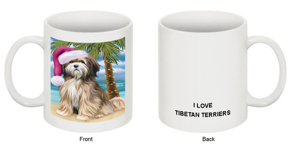 Summertime Happy Holidays Christmas Tibetan Terrier Dog on Tropical Island Beach Coffee Mug MUG49856
